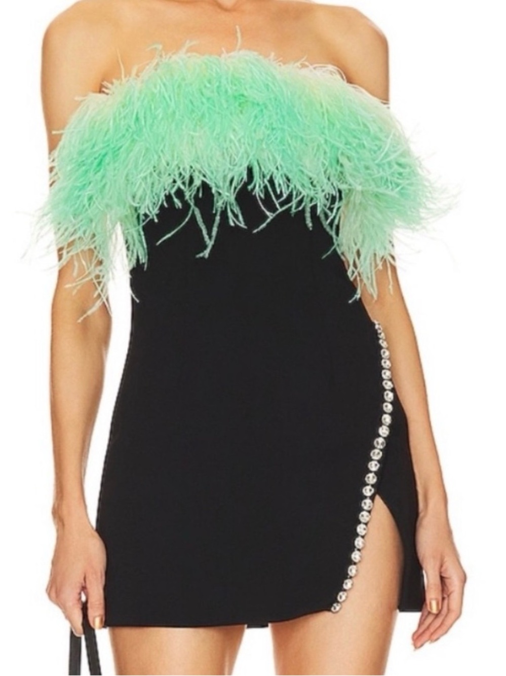 Self Portrait Strapless Black Dress with Mint Feather Trim